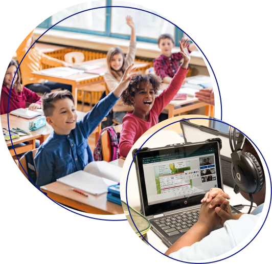 Young students raising their hands in class and a student in a live online tutoring session